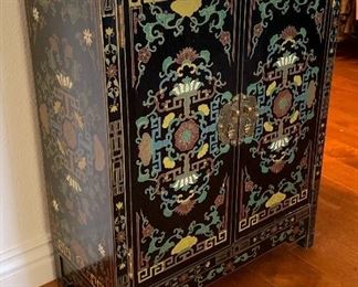 Black Lacquer Asian Chinoiserie Chest/Cabinet Hand Painted	30x23x11in HxWxD