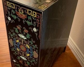 Black Lacquer Asian Chinoiserie Chest/Cabinet Hand Painted	30x23x11in HxWxD