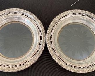 2 Frank M Whiting Talisman Rose Sterling Silver Wine Bottle Coasters	