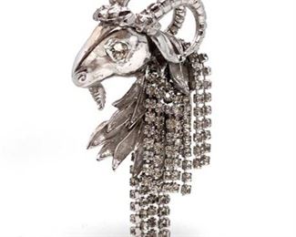 Lot 210 
Vintage Ram Head Rhinestone Trembler Style Brooch