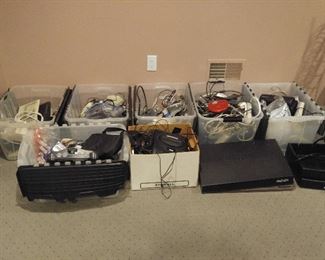 Tons of wires and peripherals; walkman; etc