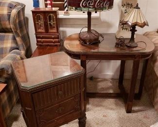 Beautiful inlaid accent tables$25-40, Coca-Cola Stained glass lamp, $60