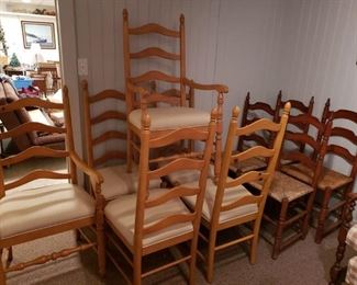 6 Maple ladder back chairs with light upholstery(great condition),  4 Antique farmhouse rush seat ladder back chairs 