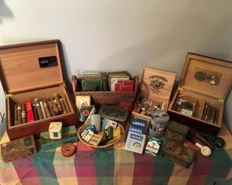 VIntage Cigarette lighters and metal boxes, three cigar Humidors