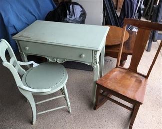 Beautiful shabby chic cottage green desk and chair, $75 old oak rocking chair $40