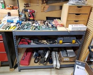  Workshop full of tools!  Grey workbench/MDF with pull out drawer, $40