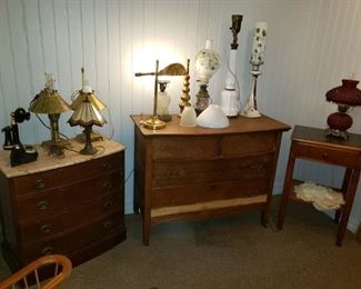 Antiques: Marble top dresser, Oak dresser, small side table, lovely lamps!
