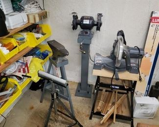 Anvil w/ stand,    Collins Qualtiy tools 6" bench grinder w/ stand,   Craftsman 3 HP 10" Compund Miter saw w/stand