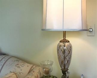 Table top decor--vintage glass lamp, glassware.