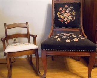 Renaissance revival needlepoint chair with nail heads. Child's rocker.