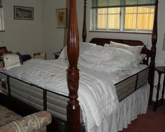 Ethan Allen Georgian Court cherry wood queen-size 4-poster bed with pineapple-topped posts. Also Stearns & Foster new queen mattress/box springs.