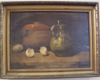 Still life with eggs and jug, oil on masonite, by Remy