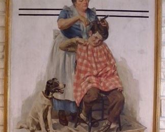 "Haircut Mom," oil on canvas, by Harold N. Anderson (American, 1894–1973).  This image appeared on the cover of the Nov. 11, 1933, "Saturday Evening Post." Anderson lived/worked in New Rochelle,  New York, well-known artist's colony & home to many top commercial illustrators of the day such as Norman Rockwell & J. C. Leyendecker. Anderson created artwork for magazines, billboards, posters and national advertising campaigns. 