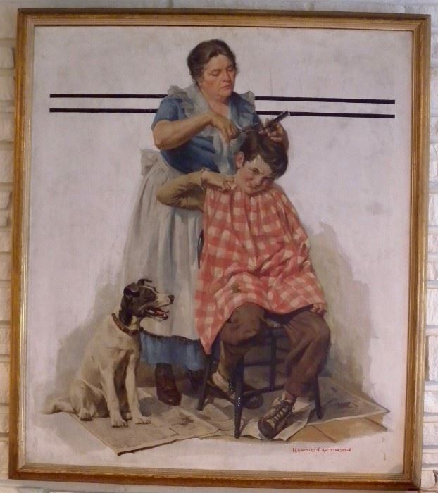 "Haircut Mom," oil on canvas, by Harold N. Anderson (American, 1894–1973).  This image appeared on the cover of the Nov. 11, 1933, "Saturday Evening Post." Anderson lived/worked in New Rochelle,  New York, well-known artist's colony & home to many top commercial illustrators of the day such as Norman Rockwell & J. C. Leyendecker. Anderson created artwork for magazines, billboards, posters and national advertising campaigns. 