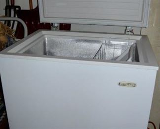 Holiday 5-Cu Ft Chest Freezer (White) Model #LCM050LC. Holds approximately 175 lbs. of frozen food. Adjustable thermostat control. Removable basket.