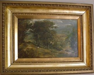 Cattle in landscape, antique oil on canvas; no visible signature. From shop of Henry Whyte, Edinburgh, and framed by Clark & Napler, Edinburgh (both labels are on the back). The Whyte family by the 1880s compiled books of songs and readings for city pubs hosting Cel-lidh, or social events with Scottish or Irish folk music singing, dancing, storytelling.