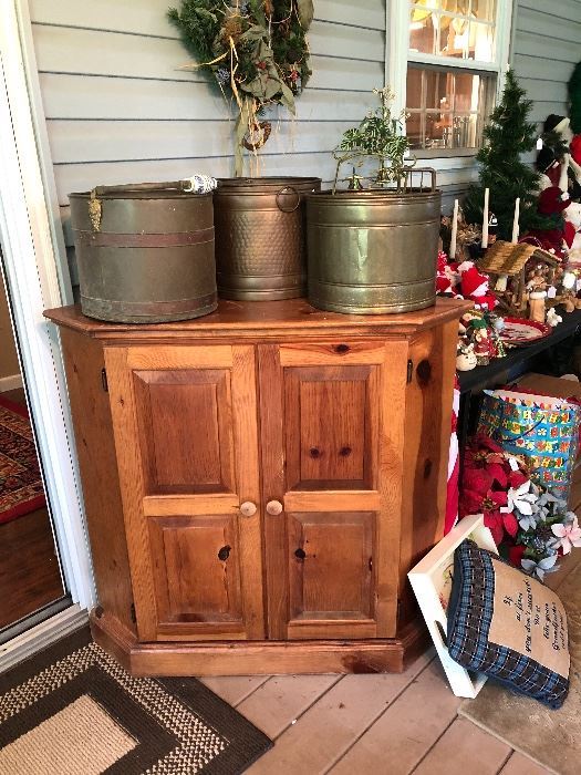 Pine corner cabinet and brass buckets. 
***** I’m sorry but the churn has been pulled from the sale.*****