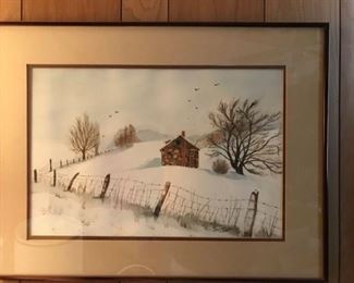stone house in snow painting