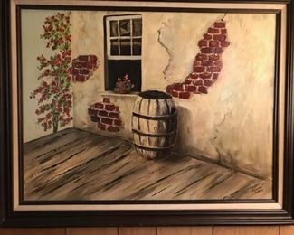 brick wall with barrel painting