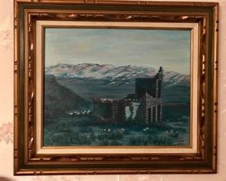 framed mountain building ruins painting
