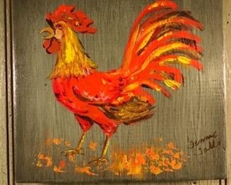 Red rooster painting on board