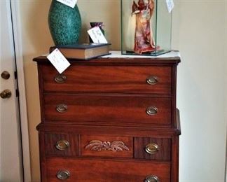 Very nice chest of drawers goes well with double 4 poster bed & nightstands. Footstool, vintage presentation doll,  Austrian vases