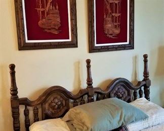 Queen bed, framed wood carvings