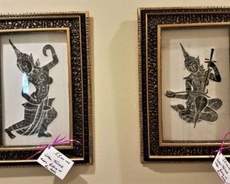 Vintage Framed Thailand Temple Rubbings on Rice Paper.  $55 each