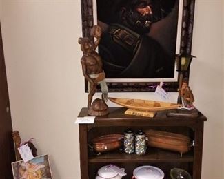 Birthing chair, painting on velvet, book shelf, carved beheader,  enamel ware pots & more