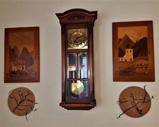 Inlaid wood countryside house & chapel pictures and another pretty wall clock; a grandmother?