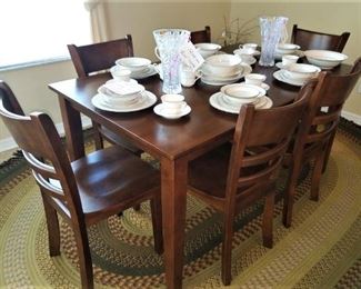 6 seater kitchen table & chairs, braided rug, more dishes and crystal vases
