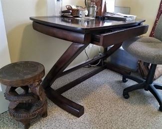 Funky wood desk, Danish? with office chair, carved wood snake stool or plant stand