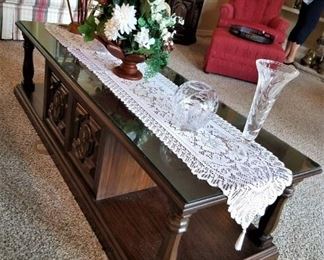 Better picture of Coffee Table, Crystal Decor, Silk Flower Arrangement, Small Red Chair with Ottoman