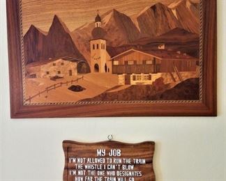 Inlaid wood picture of church in mountainous country side.  Poem about railroad worker.
