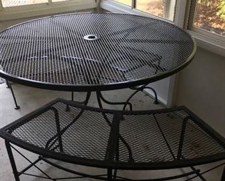 2 Patio/pitch furniture tables  with curved bench seating. Great condition