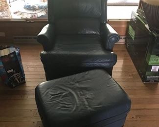 Well-loved , dusty blue leather chair dad’s favorite.(s) 2 ottoman.  Some wear but loved comfort.