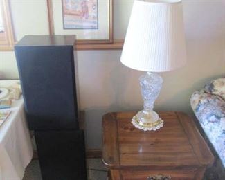 End table and stereo speakers
