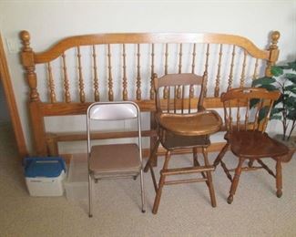 King size bed headboard, high chair and miscellaneous chairs