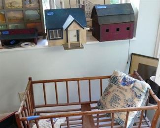 handmade diorama pieces from early 20th century montana -- house / schoolhouse, barn, chicken coop, log cabin (not seen here); willow cradle. one of a kind  items for your one of a kind mom! 