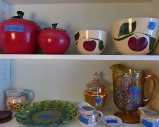 Watt apple bowls - lusterware vanity piece - carnival glass egg plate - carnival glass giant size pitcher - two aluminum apples for that unique, designer touch. 