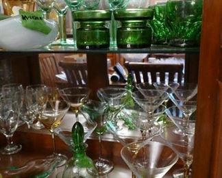 her eyes will match the pieces in this photo! six goblets - depression glass / bohemia glass from late 20s / early 30s - dark green depresson glass juice glasses - martini glasses - port or liqueur decanter and six glasses. more - more -more!