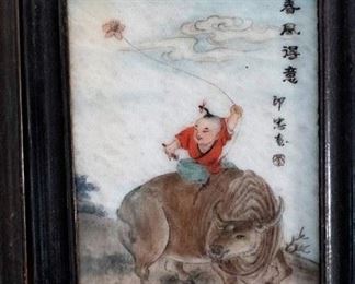 chinese boy on buffalo, painted glass