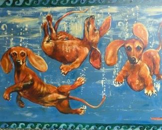 Swimming Dachshunds by Warren Long, USA, print with artist coloring, signature.