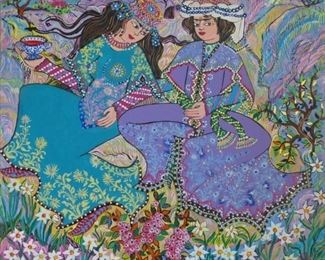 Shakhzada with tea bowl, Naila Sultan, 1959- , Azerbaijan, 40cm x 40cm, oil on canvas, 2015