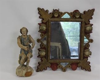 Antique Wood Santos Together With A Figural Mirror