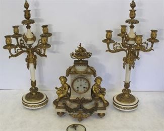 Fine Quality Bronze And Marble Clock Garniture Set