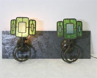TIFFANY STUDIOS Pair Of Three Panel Wall Sconces
