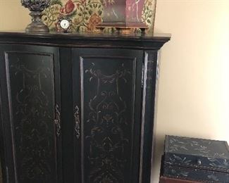 Stenciled armoire - black - excellent condtion, clock, urns, vase, tapestry and stenciled chest