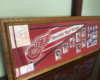 Framed Red Wings cards and pennant 