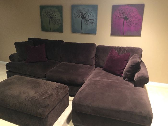 Wonderful sectional with ottoman, Trio of colorful prints also available